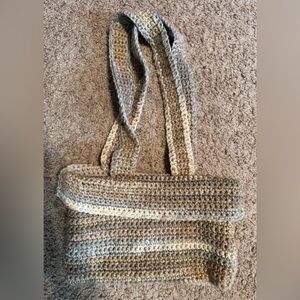 Vintage Hand Knit Crocheted Purse Mini Shoulder Strap Tote Bag Brown Tan Fall